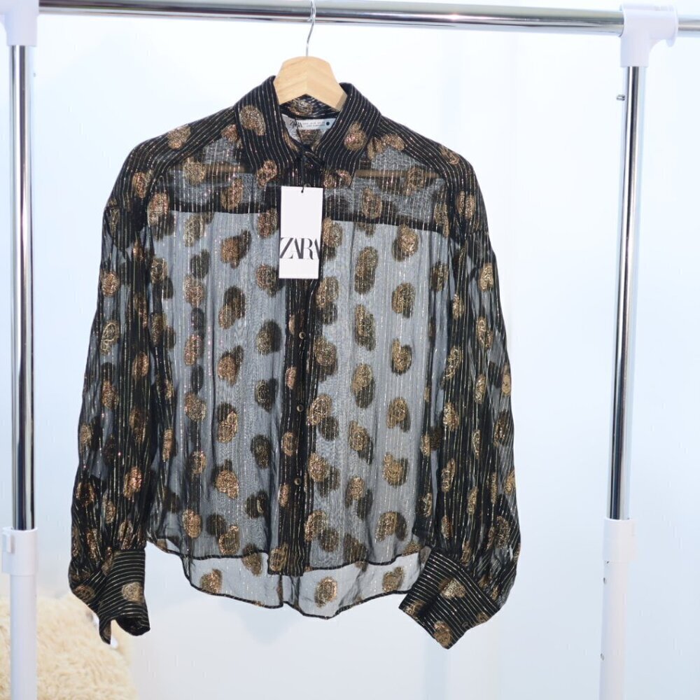 Zara Black and Gold Paisley Print Sheer Blouse, Size SMALL